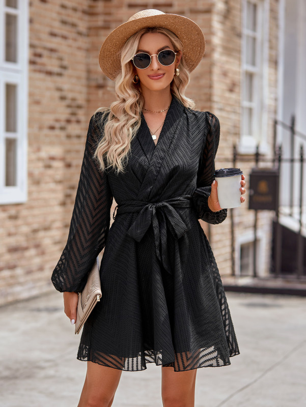 New Fashion Women's Solid Color Long Sleeve V-neck Casual Dress