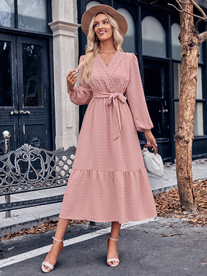 Women's New Fashion Solid Color V-neck Lace Tie Waist Maxi Dress