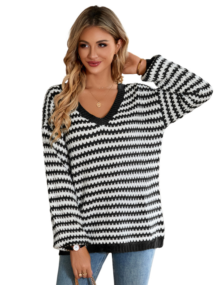 New Women's Casual V-neck Loose Striped Long-sleeved Sweater