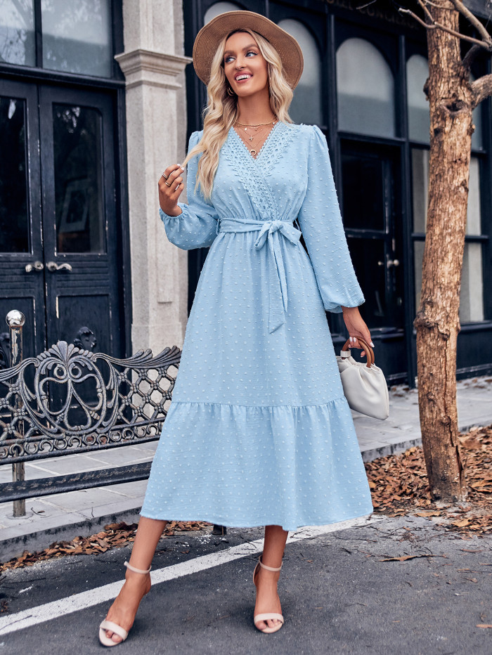 Women's New Fashion Solid Color V-neck Lace Tie Waist Maxi Dress
