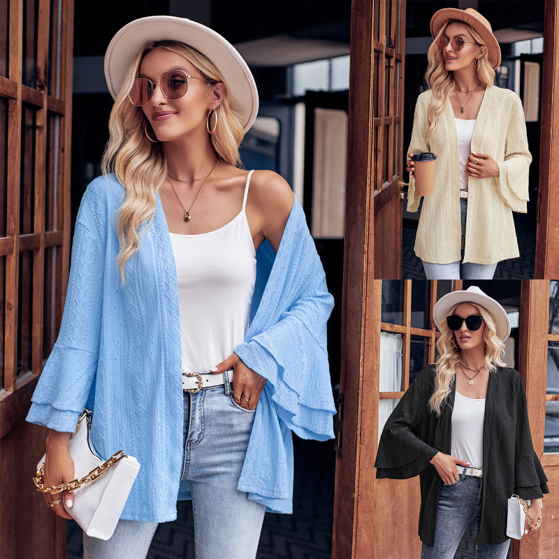Fashion Women's Solid Color Casual Bell Sleeve Knitted Cardigan