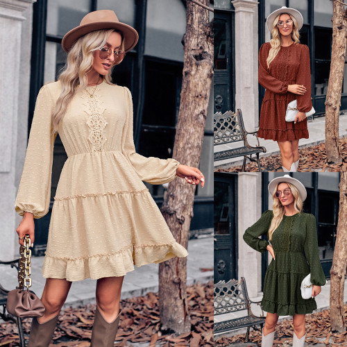 Fashion New Women's Crewneck Solid Color Lace Casual Dress