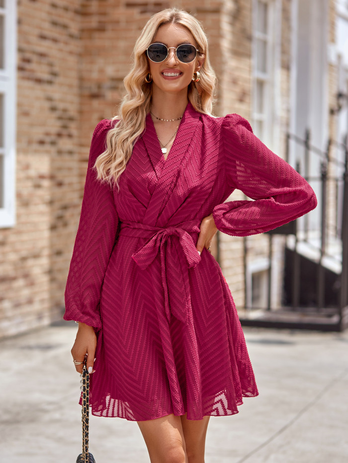 New Fashion Women's Solid Color Long Sleeve V-neck Casual Dress