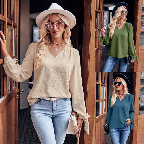 New Women's Casual V-neck Long Sleeves Solid Color Slim Top Blouse