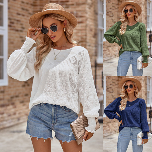 Fashion New Women's Casual Solid Color Round Neck Long Sleeve Patchwork Top Blouse