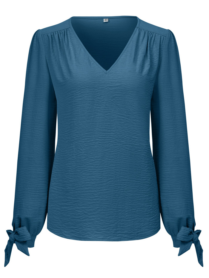 New Women's Casual V-neck Long Sleeves Solid Color Slim Top Blouse