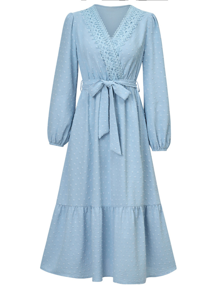 Women's New Fashion Solid Color V-neck Lace Tie Waist Maxi Dress