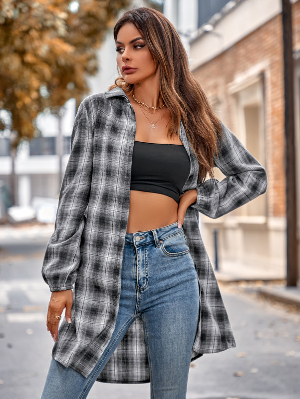 New Women's Casual Plaid Single-breasted Long-sleeved Blouse