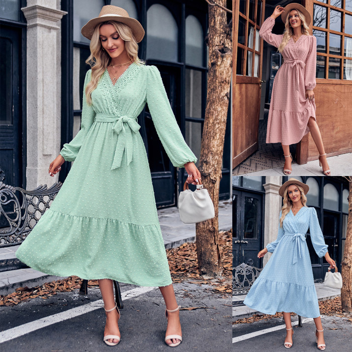 Women's New Fashion Solid Color V-neck Lace Tie Waist Maxi Dress