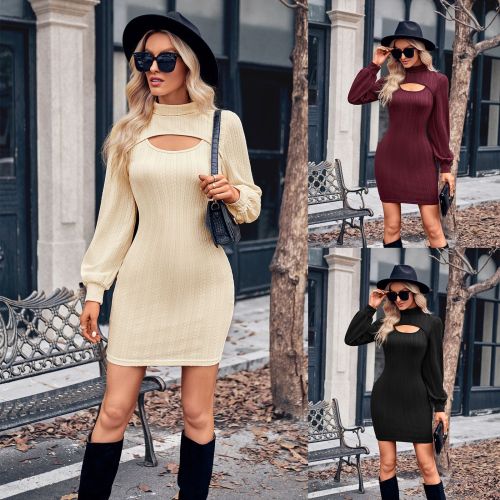 New Women's Casual Cutout Solid Slim Long-sleeved Bodycon Dress