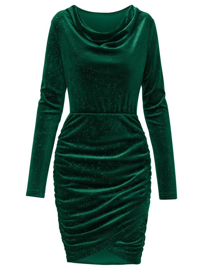 Fashion Women's New Casual Solid Color Long Sleeve Velvet Bodycon Dress
