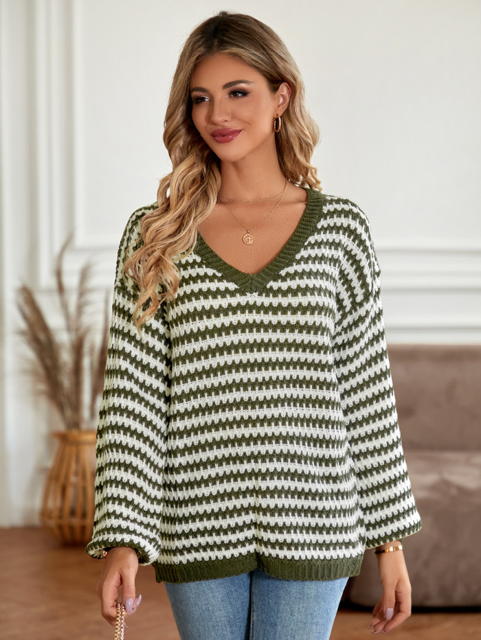 New Women's Casual V-neck Loose Striped Long-sleeved Sweater