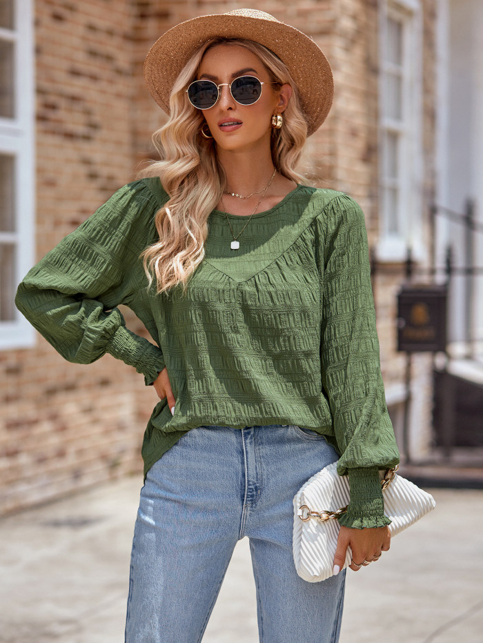 Fashion New Women's Casual Solid Color Round Neck Long Sleeve Patchwork Top Blouse