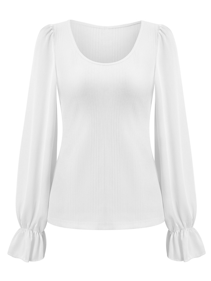 New Fashion Women's Casual Crewneck Solid Color Slim Top Blouse