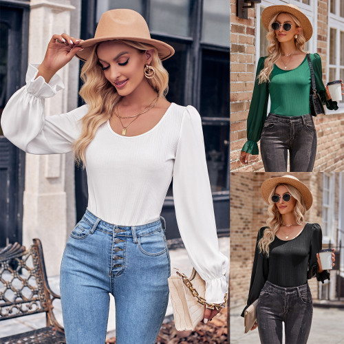 New Fashion Women's Casual Crewneck Solid Color Slim Top Blouse