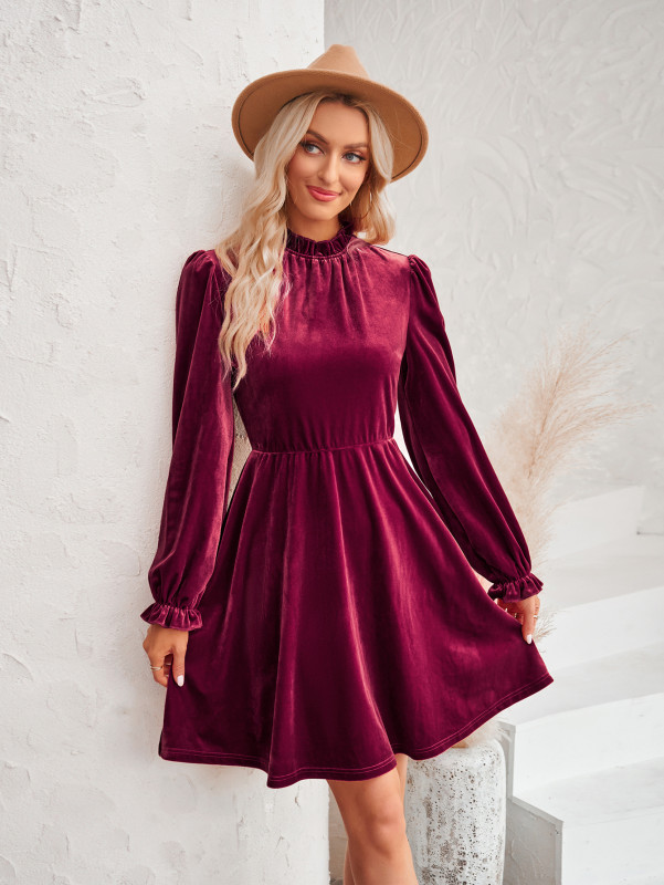 Fashion New Women's Turtleneck Velvet Solid Color Casual Dress