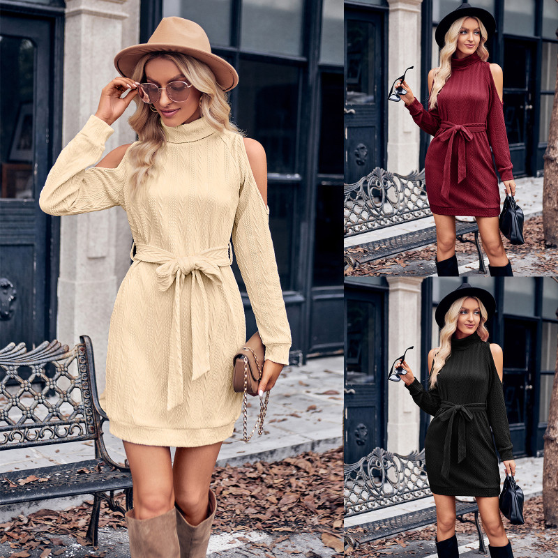 New Women's Solid Color Round Neck Shoulder Cutout Waist Casual Dress