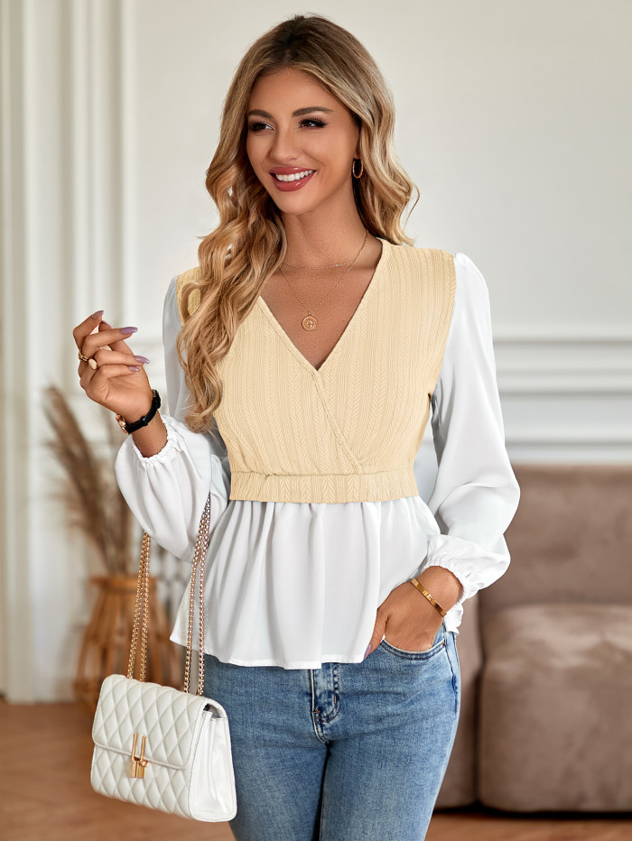 New Women's Casual V-neck Paneled Long-sleeved Top Blouse
