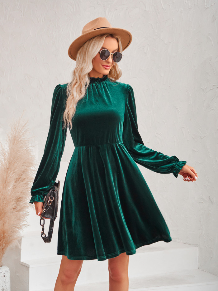 Fashion New Women's Turtleneck Velvet Solid Color Casual Dress