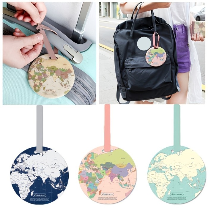 1pc World Map Luggage Tag Round Globe Luggage Suitcase Hanging Tag High Frequency Heat Pressed PVC Luggage Tag