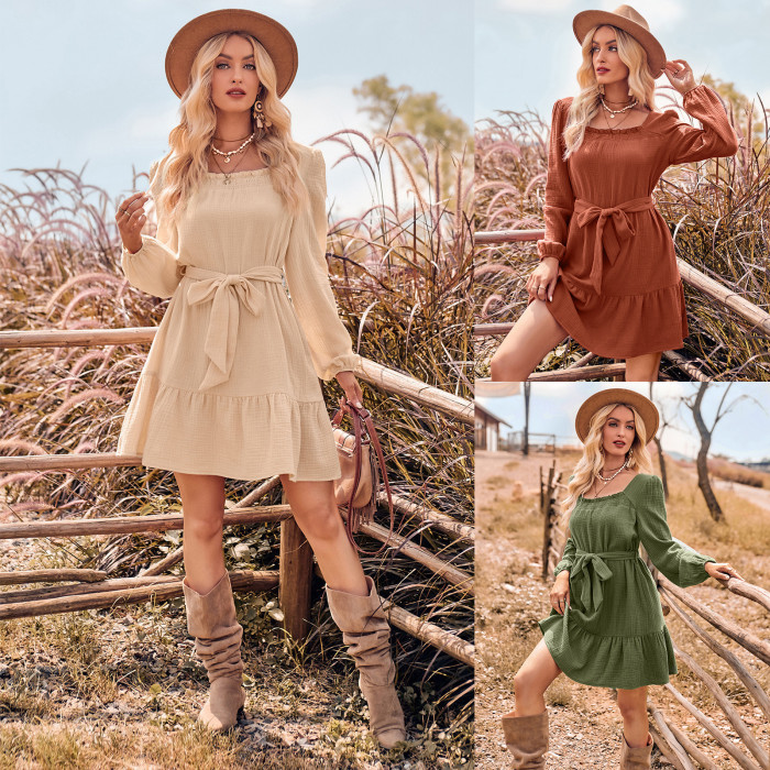 Fashion Women's Solid Color U-neck Cinched Waist Long Sleeve Casual Dress