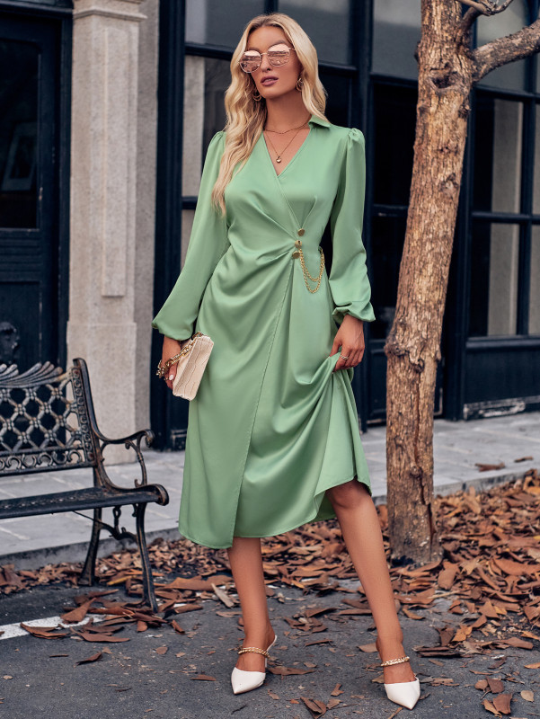 Women's Casual New V-neck Solid Color Banded Waist Long-sleeved Midi Dress