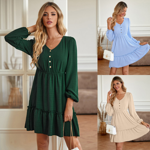 Women's New V-neck Slim Fit Waist Solid Color Button-up Decorative Casual Dress
