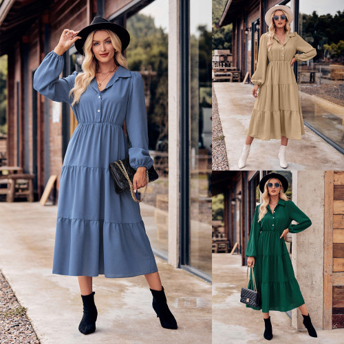 Fashion New Women's Solid Color Casual Waist Long Sleeve Maxi Dress