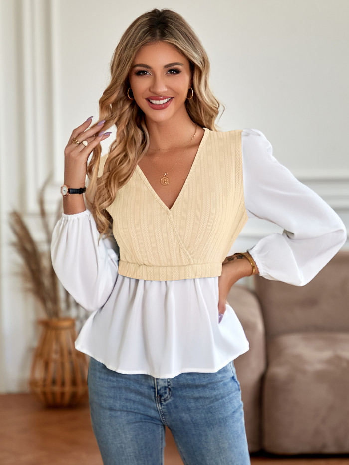 New Women's Casual V-neck Paneled Long-sleeved Top Blouse