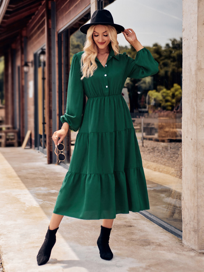 Fashion New Women's Solid Color Casual Waist Long Sleeve Maxi Dress