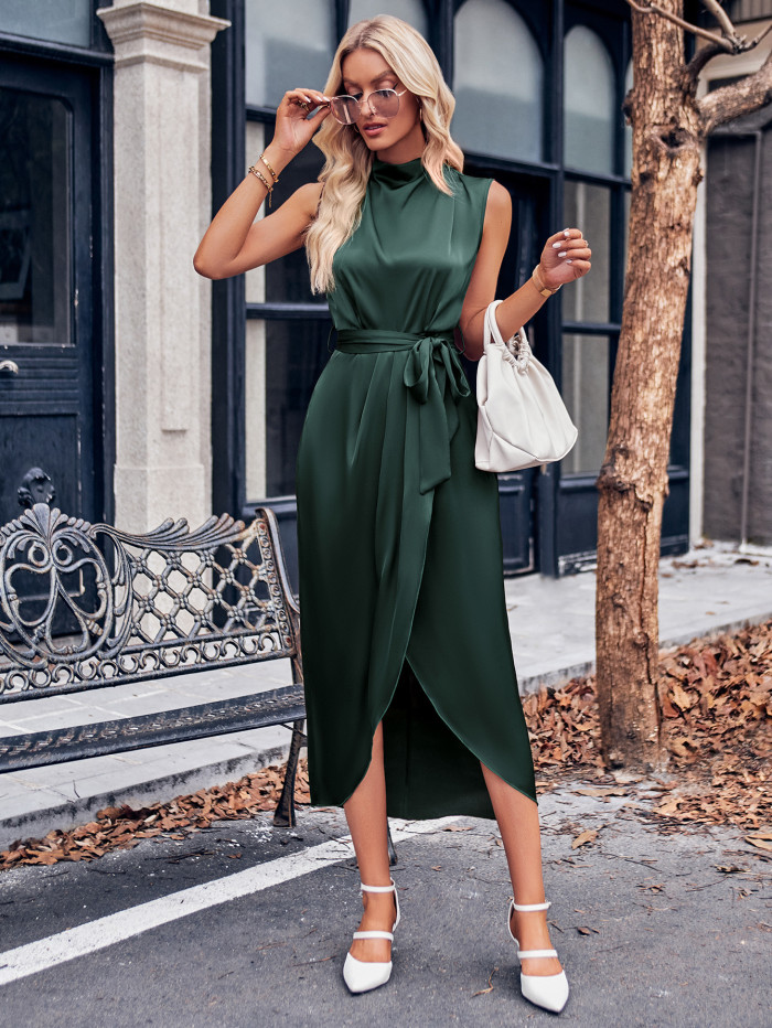 New Women's Casual Semi-turtleneck Solid Sleeveless Midi Dress