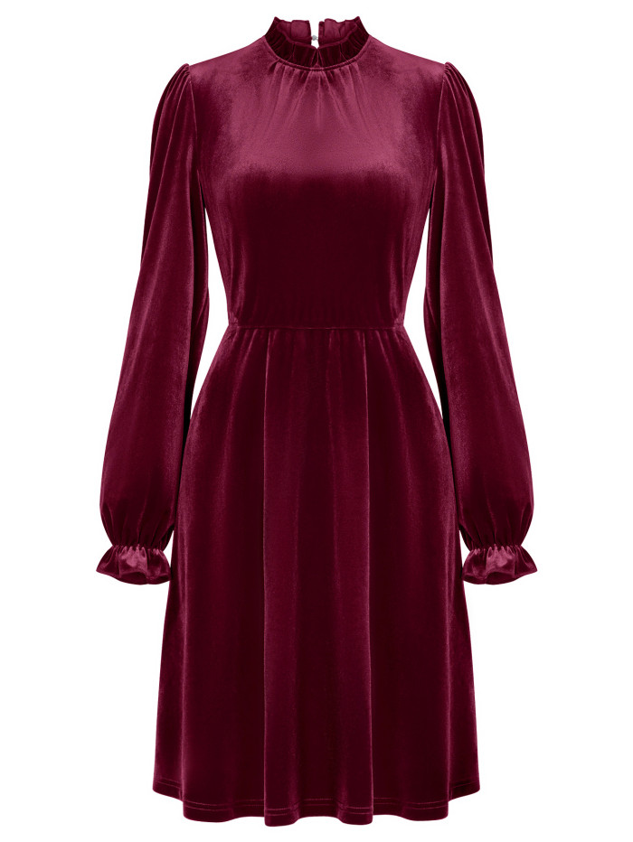 Fashion New Women's Turtleneck Velvet Solid Color Casual Dress