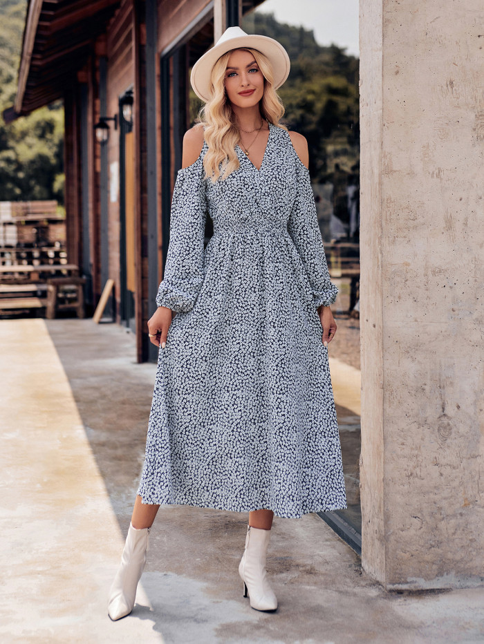 Women's New Casual Off-the-shoulder Print V-neck Long-sleeved Maxi Dress
