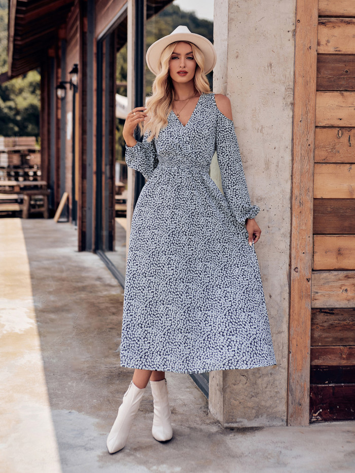 Women's New Casual Off-the-shoulder Print V-neck Long-sleeved Maxi Dress
