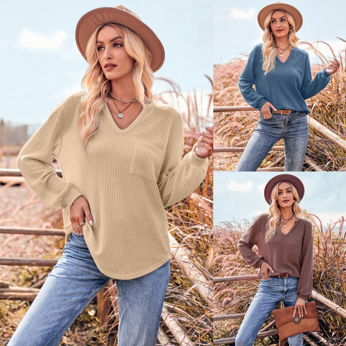Fashion Women's New Solid Color V-neck Casual Slim Long Sleeves Blouse