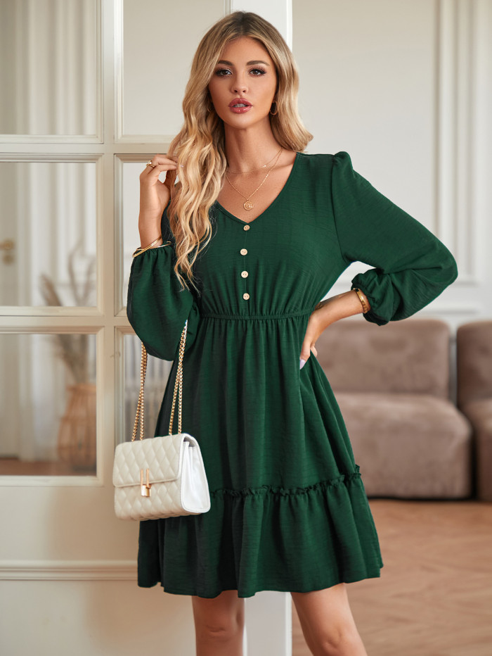 Women's New V-neck Slim Fit Waist Solid Color Button-up Decorative Casual Dress