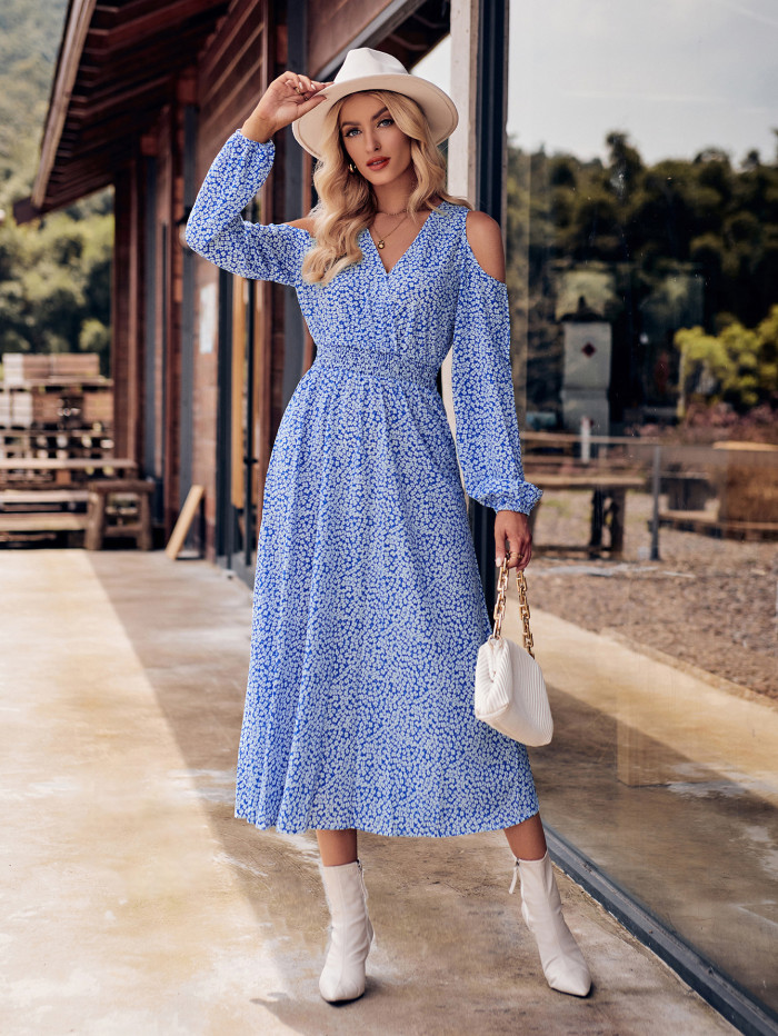 Women's New Casual Off-the-shoulder Print V-neck Long-sleeved Maxi Dress