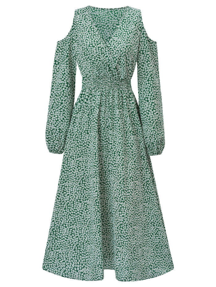 Women's New Casual Off-the-shoulder Print V-neck Long-sleeved Maxi Dress