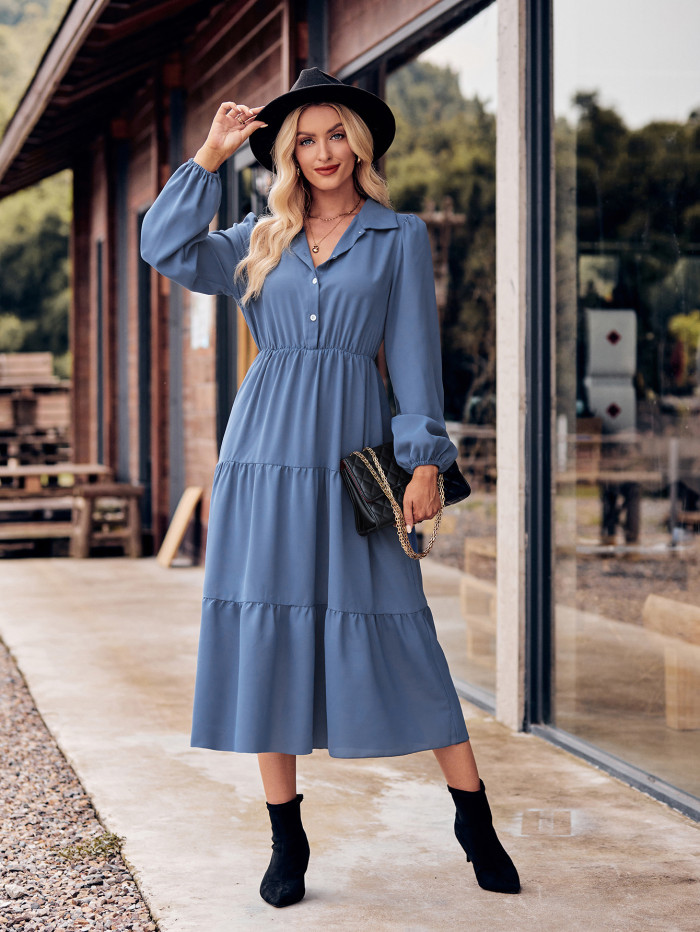 Fashion New Women's Solid Color Casual Waist Long Sleeve Maxi Dress