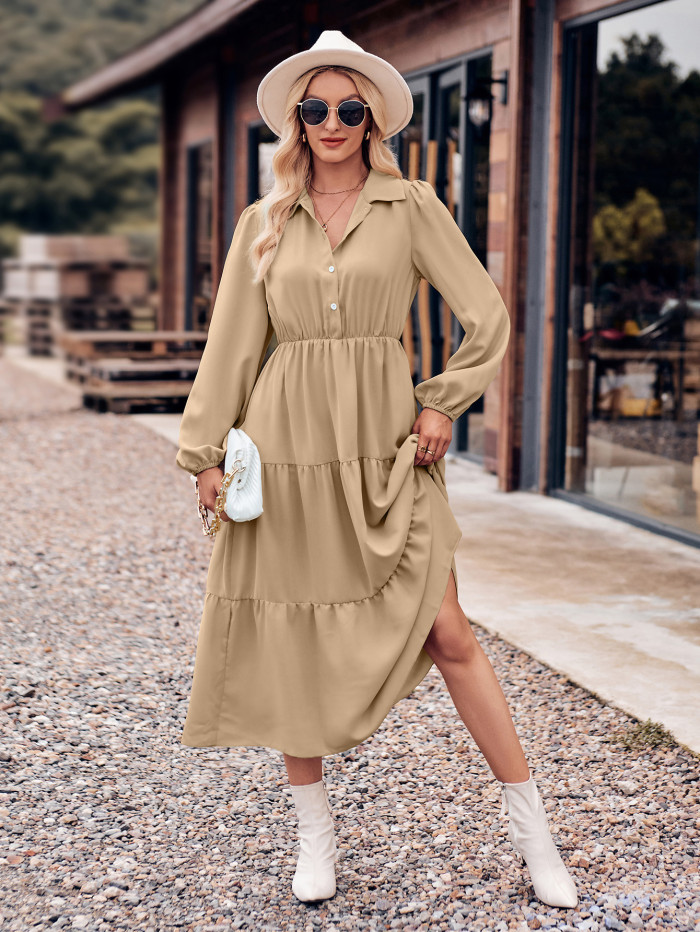 Fashion New Women's Solid Color Casual Waist Long Sleeve Maxi Dress