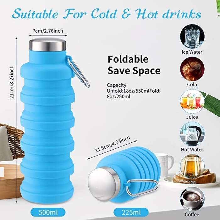 Foldable Reusable Silicone Water Bottles, 16oz Portable Leakproof  Water Cup With Lid And Buckle For Camping, Hiking, Outdoor Indoor Gym Sports