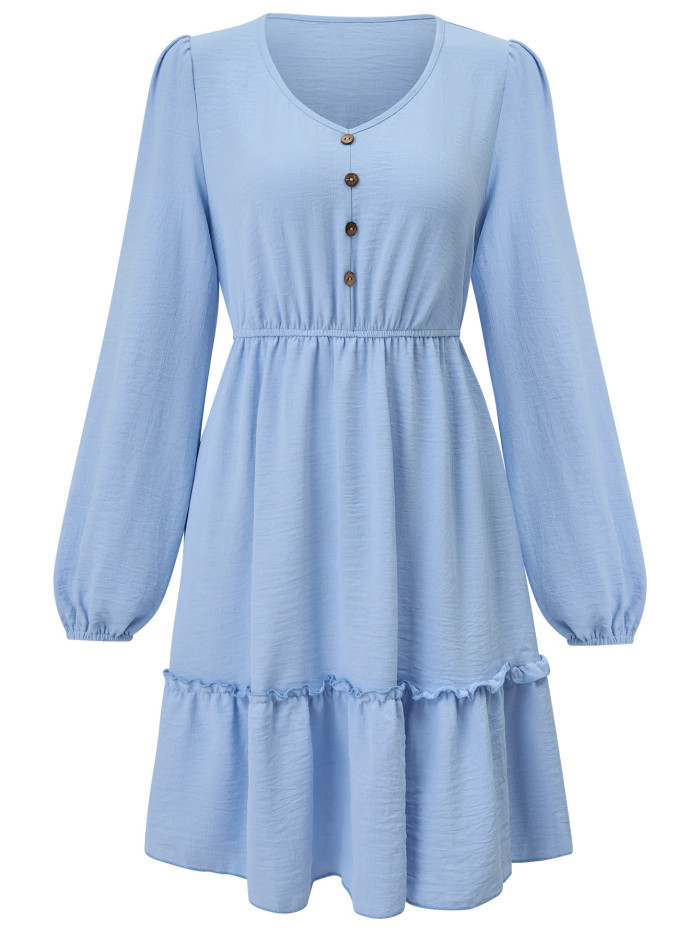 Women's New V-neck Slim Fit Waist Solid Color Button-up Decorative Casual Dress
