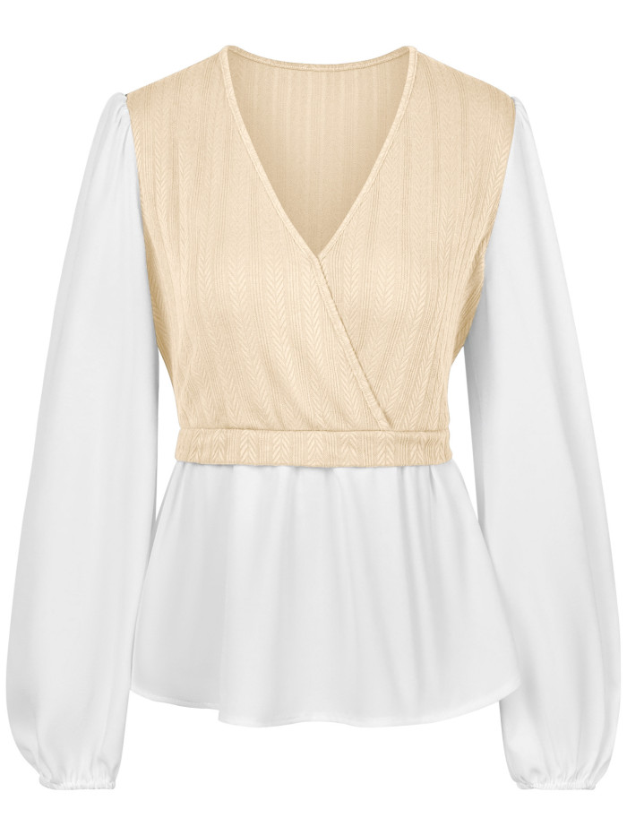 New Women's Casual V-neck Paneled Long-sleeved Top Blouse