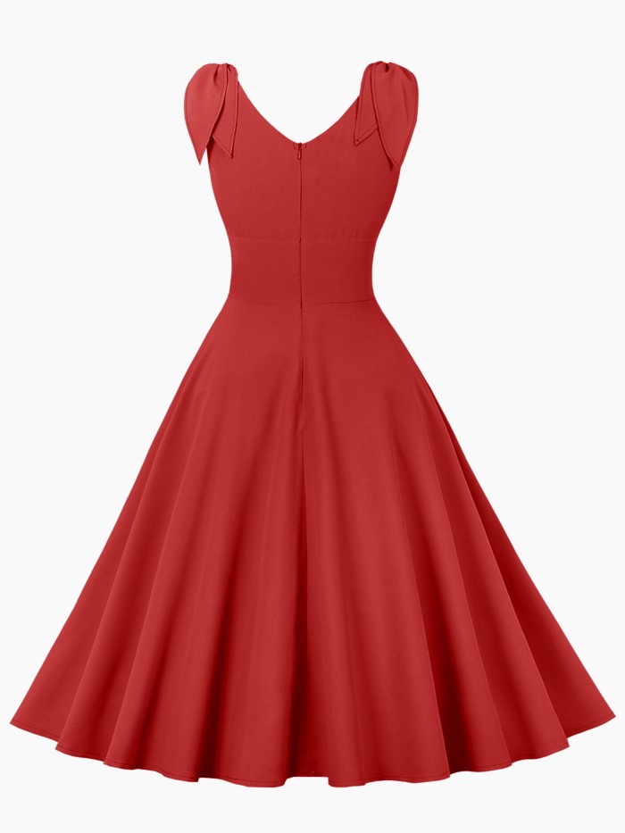 High Waist Retro A-line Dress, V Neck Sleeveless Party Casual Dress For Summer & Spring, Women's Clothing