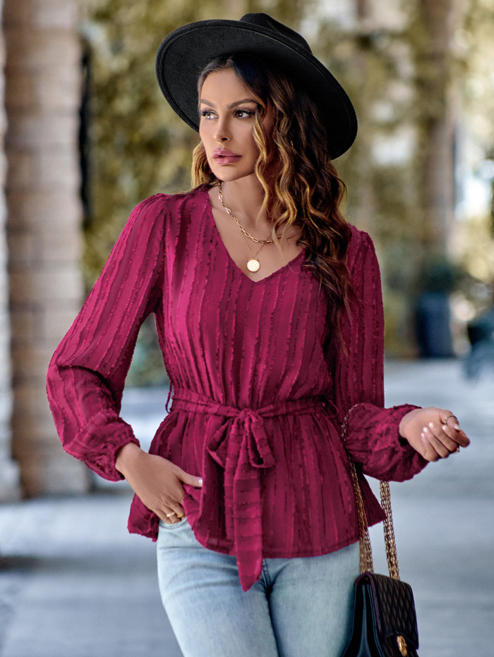 New Women's Casual V-neck Slim Long-sleeved Top Blouse