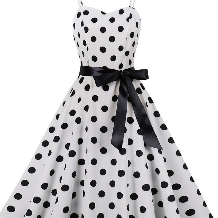 Retro Polka Dot Print Spaghetti Dress, Knotted Sleeveless Fashion Large Swing Lace Up A-line Dresses, Women's Clothing