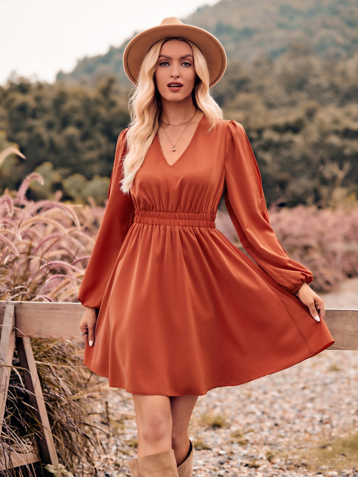 V-neck Long Sleeves Solid Color Fashion Casual Dress
