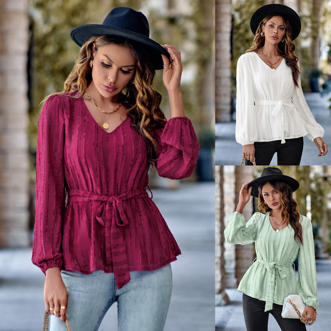 New Women's Casual V-neck Slim Long-sleeved Top Blouse