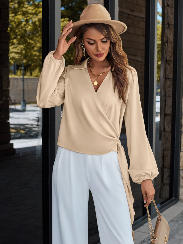 Fashion Women's Casual Solid Color V-neck Top Blouse
