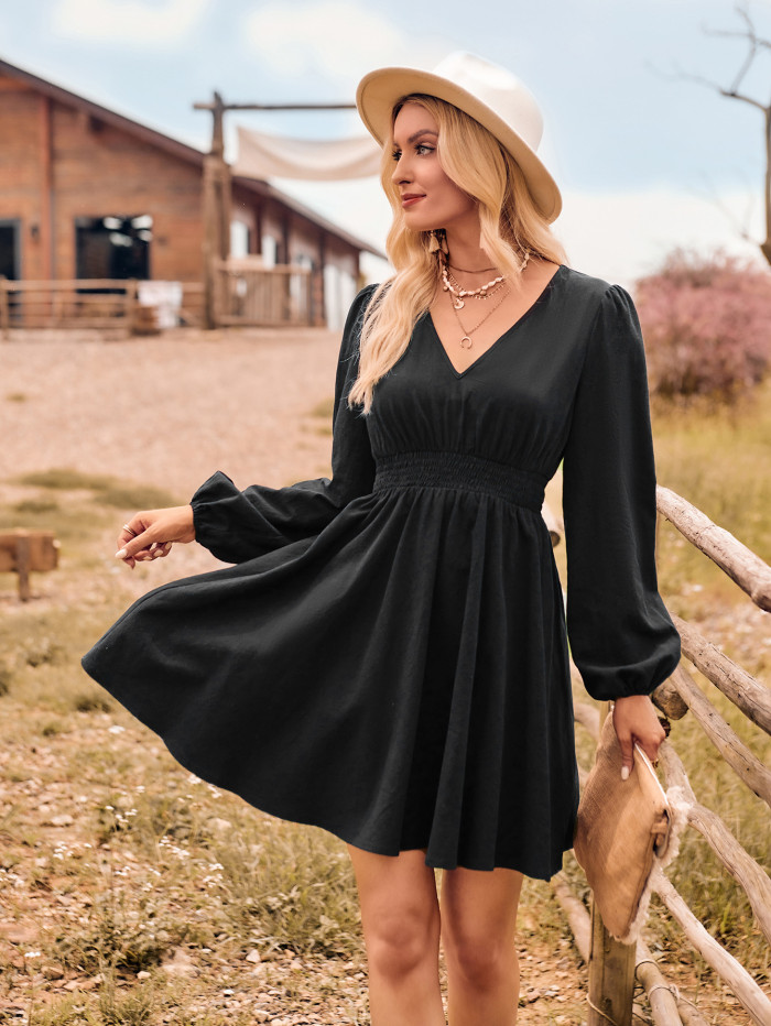 Fashion V-neck Casual Women's New Solid Color Long Sleeve Midi Dress